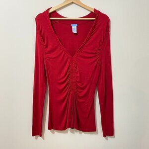 Y2K Red Longsleeve T-Shirt with Plunging V-Neck, Ruching, Gathered, Stretch Euro